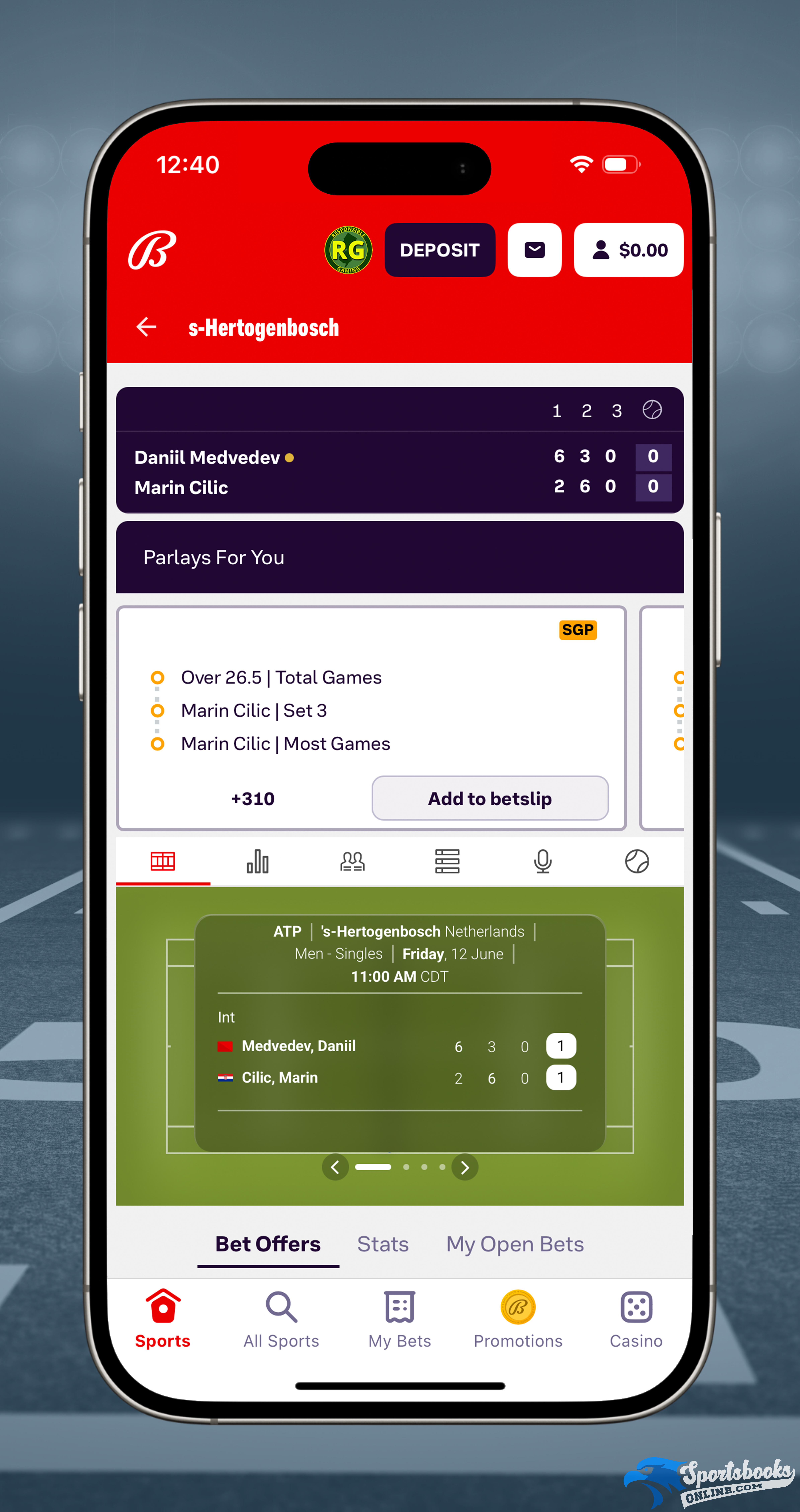 Bally Bet Live Tennis Betting Interface
