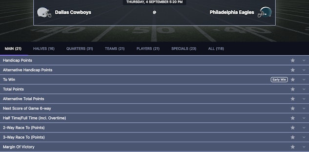 Betting variety for a typical NFL Game on Legendz