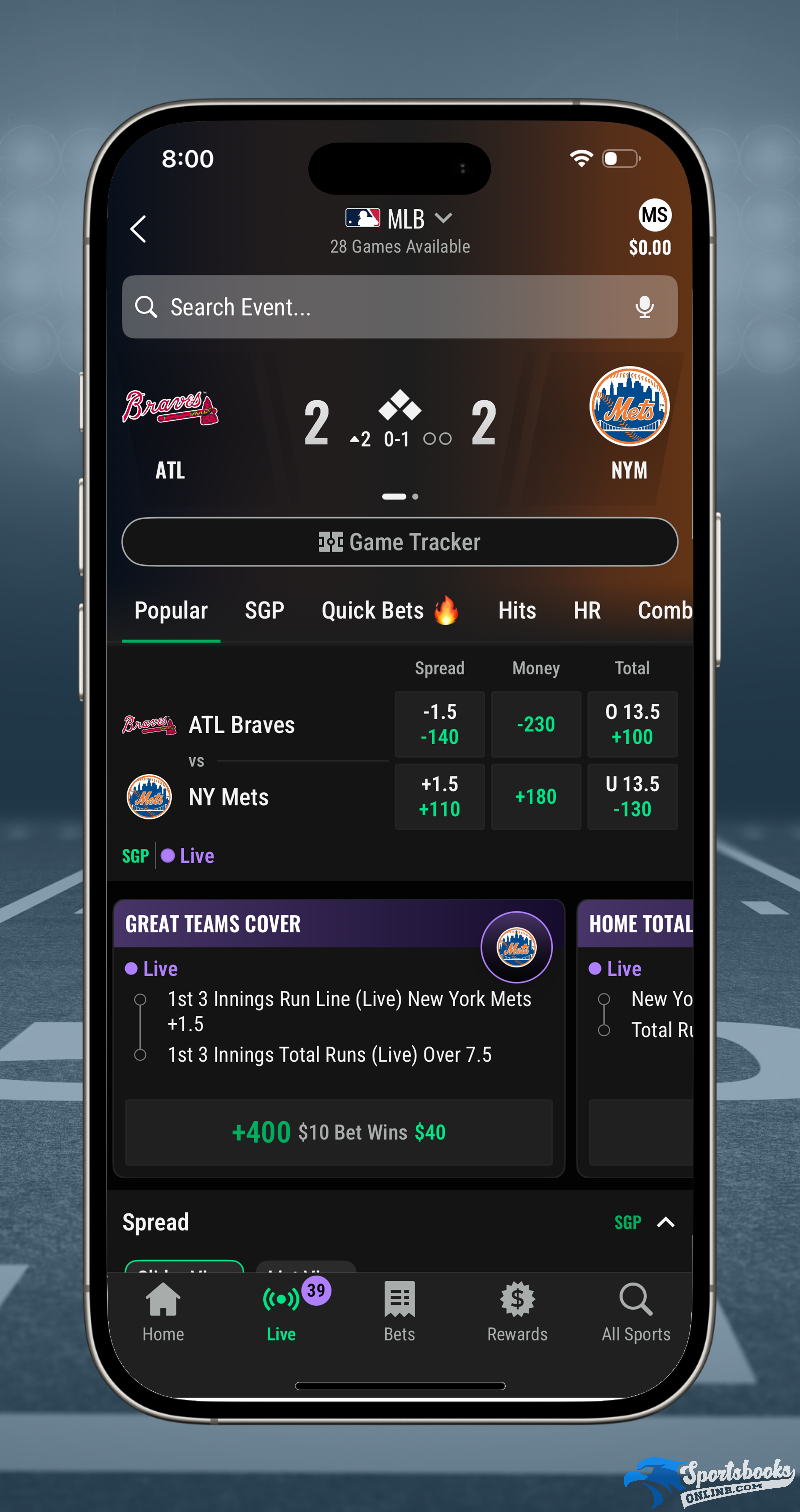 Caesars In Game Live Betting Interface