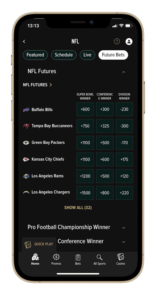 Caesars Sportsbooks NFL futures bets displayed on a gold Iphone 12 pro