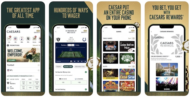 Preview of the Caesars Sportsbook displaying the app live betting online casino and rewards program