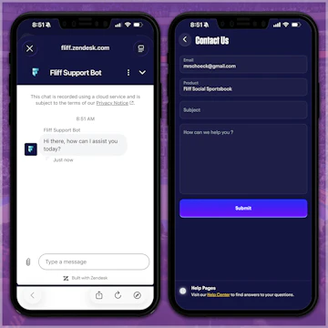 Customer support options on the Fliff app