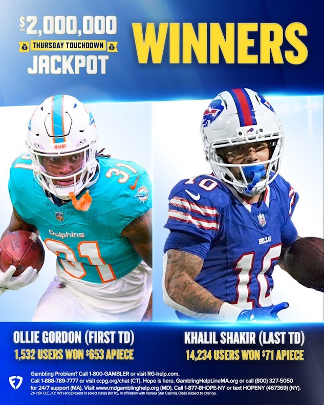 Fan Duel TD Jackpot Week 3 Winners