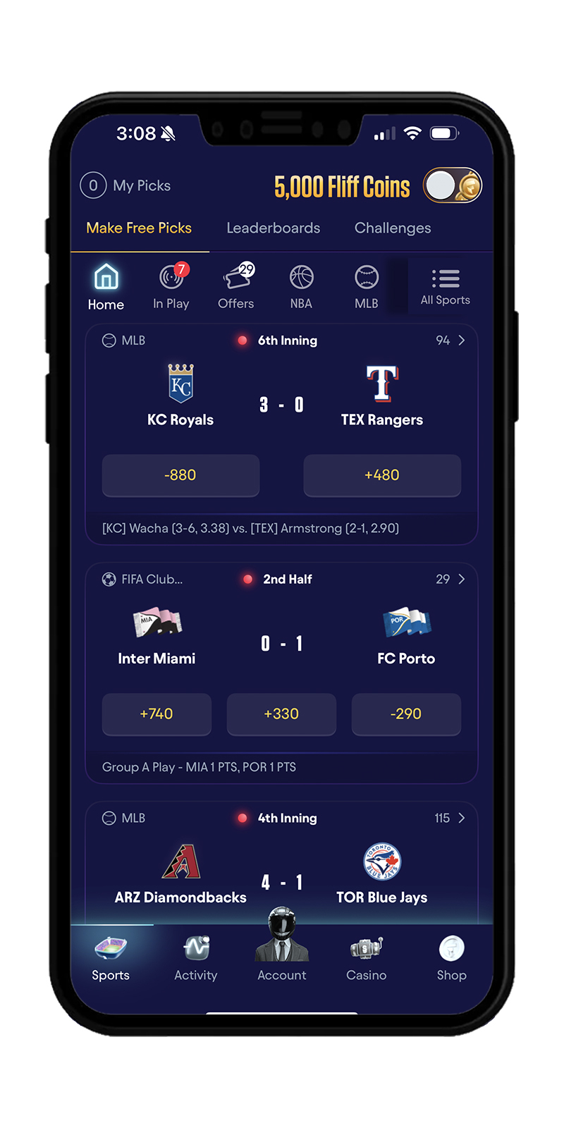 Homepage of the Fliff mobile app