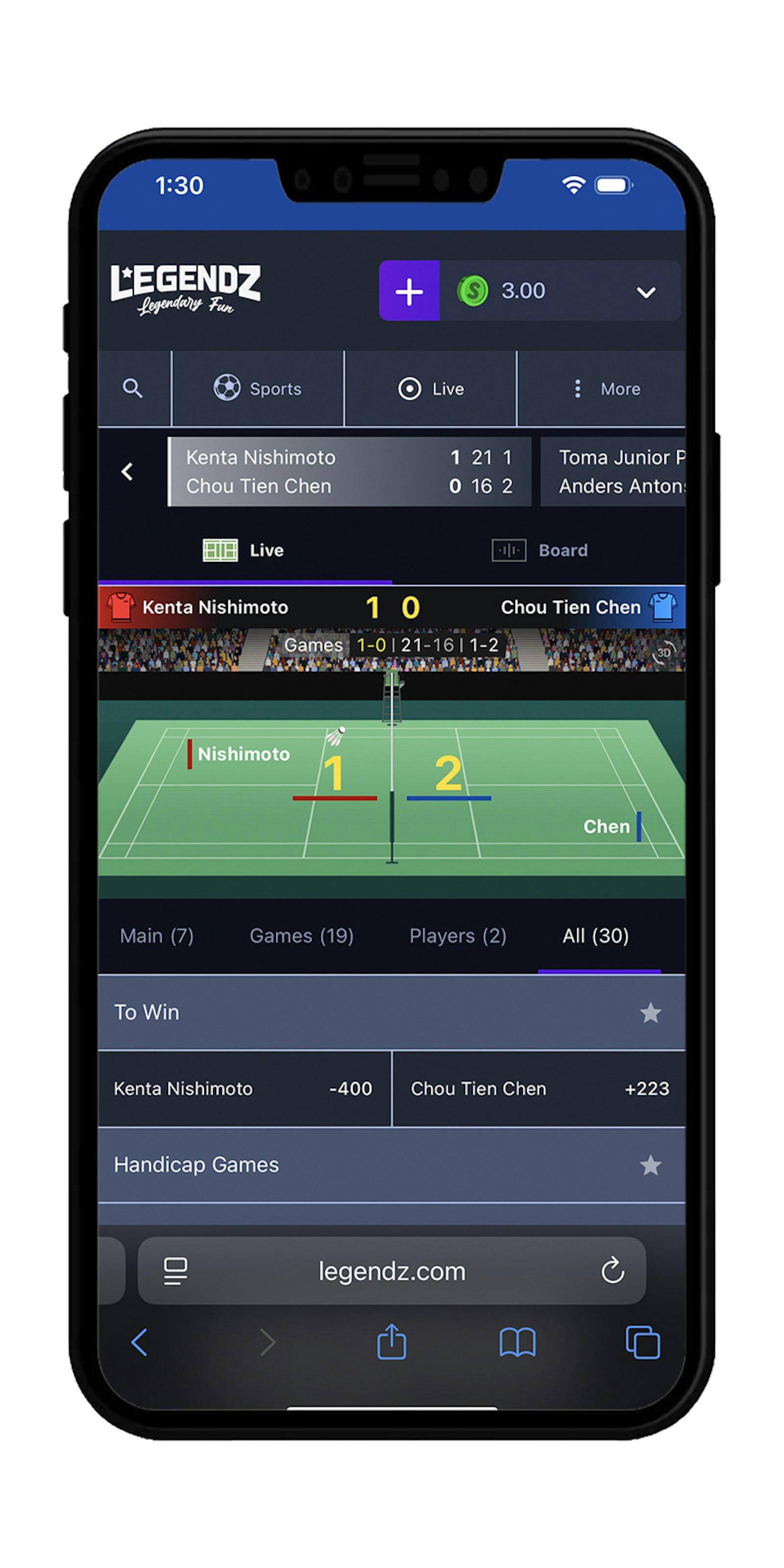 Live betting on Legendz web interface