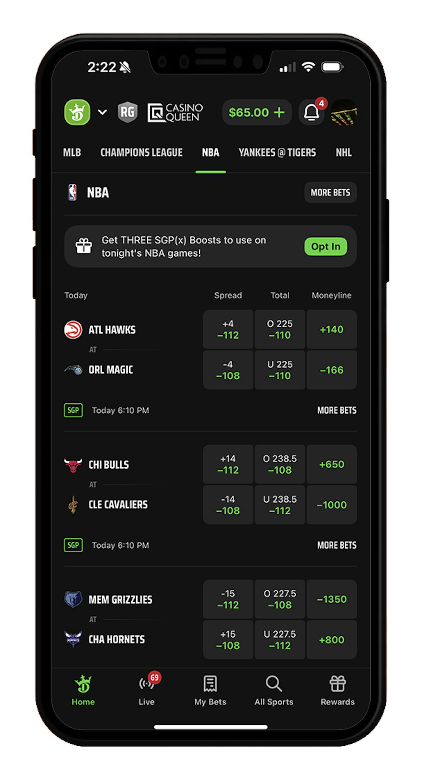 NBA betting on DraftKings Sportsbook