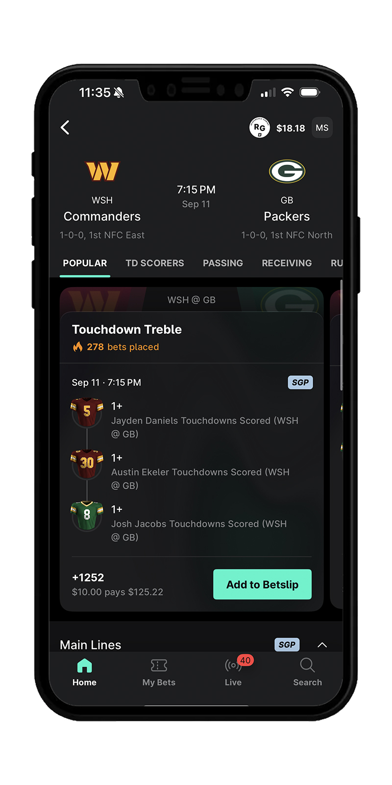 NFL betting in the ESPN BET app