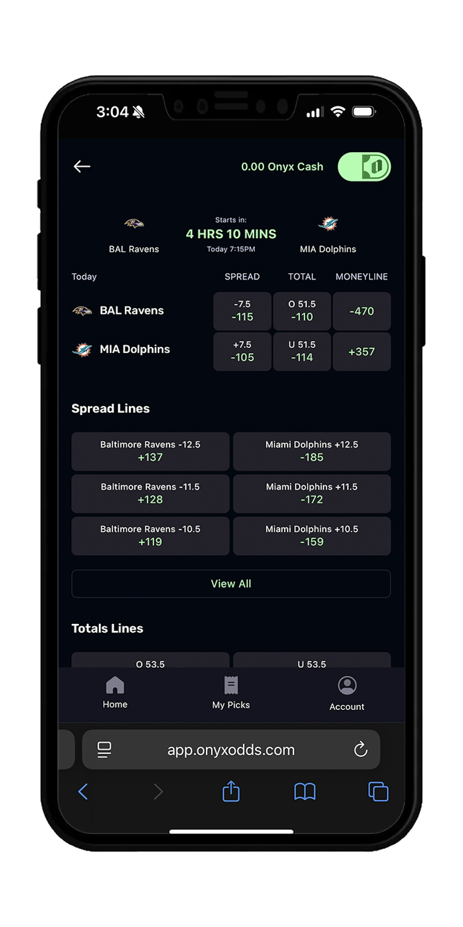 Onyx Odds pre game betting interface
