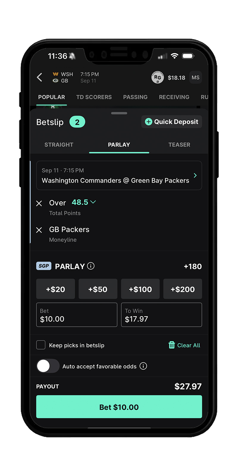 Parlay betting in the ESPN BET app