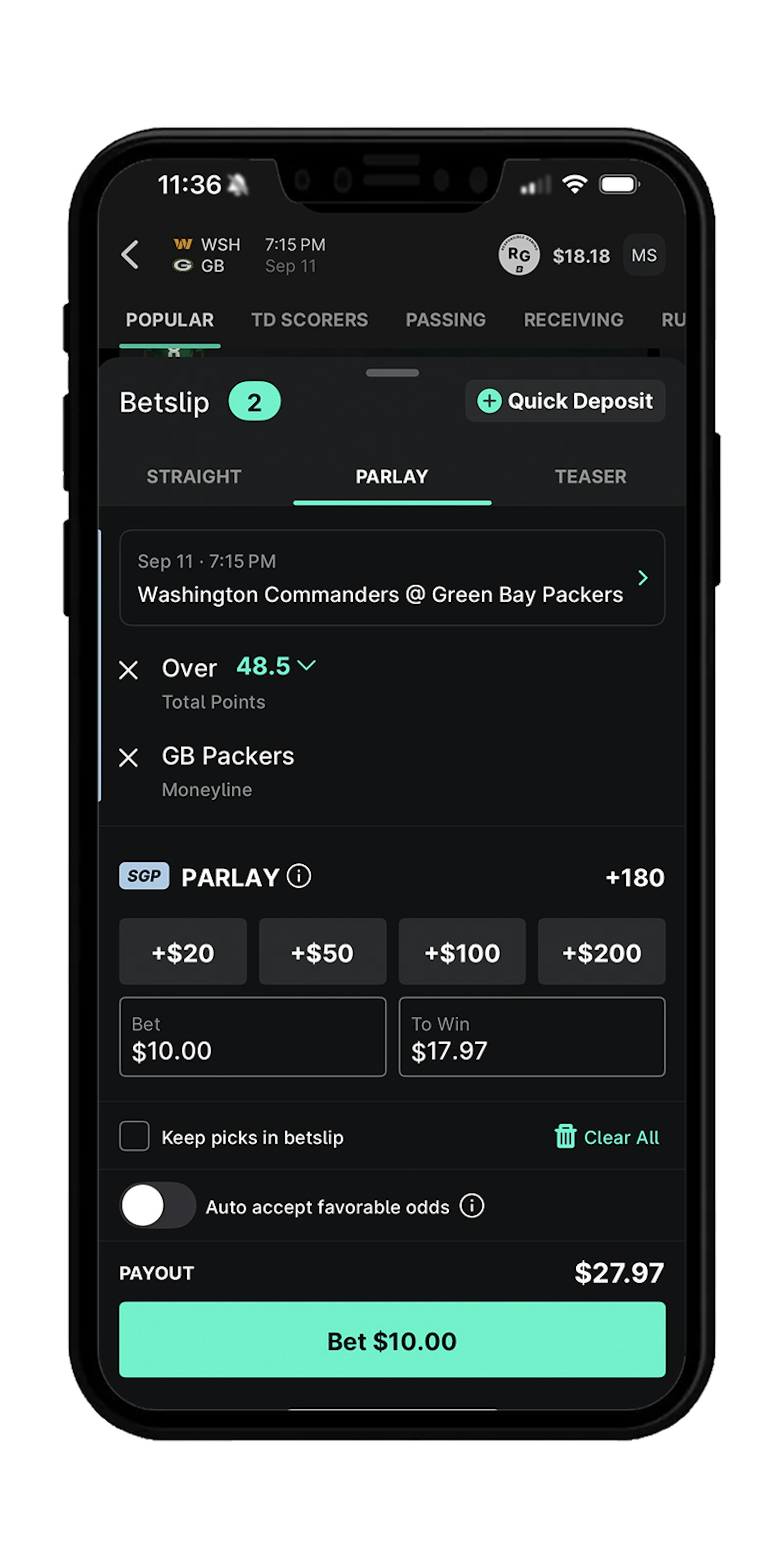 Parlay betting in the ESPN BET app