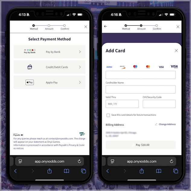 Payment methods available on Onyx Odds