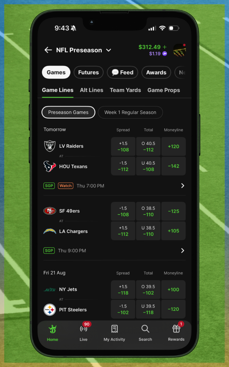 DraftKings Sportsbook NFL Betting Menu