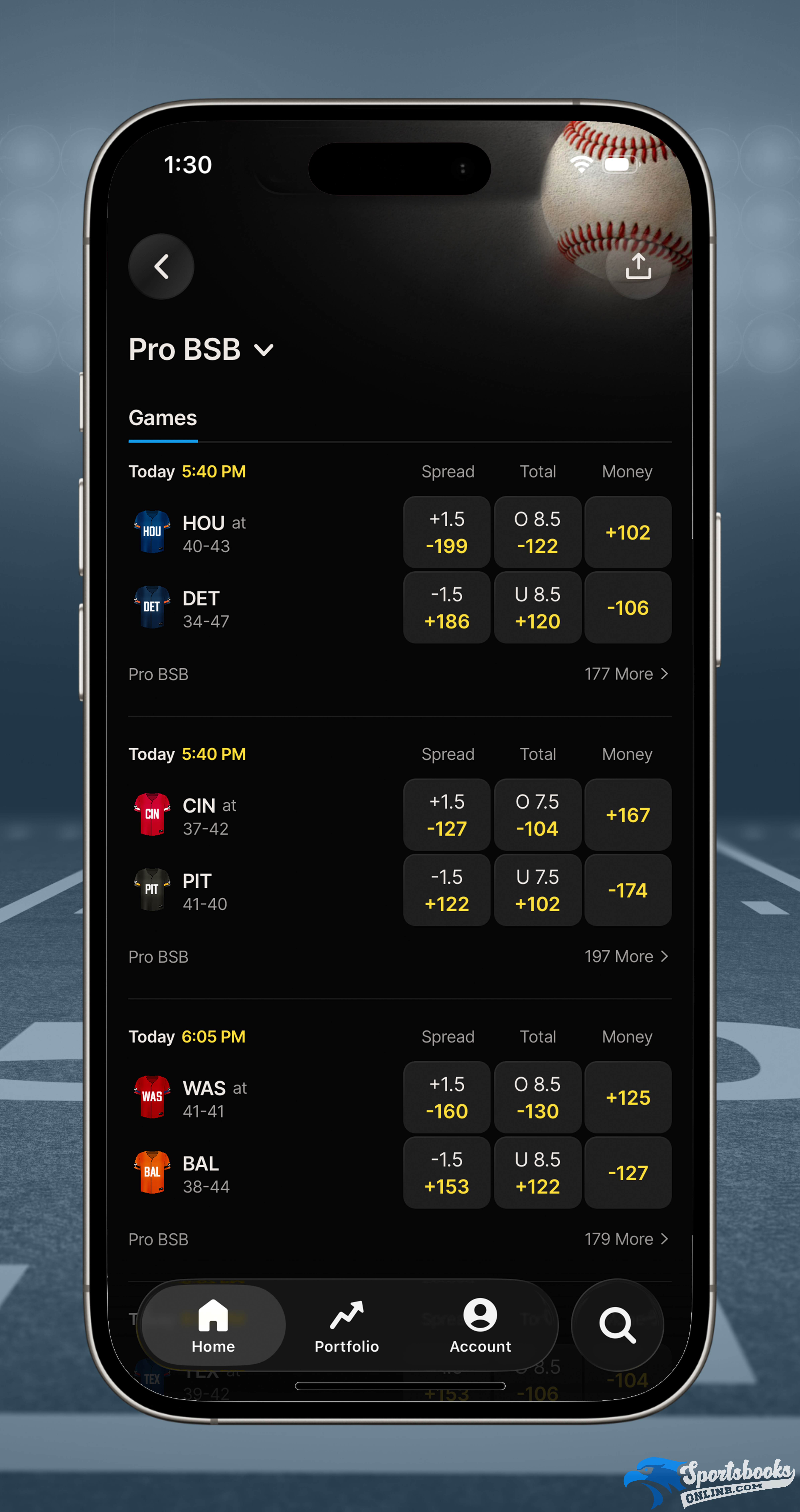 MLB on Novig with odds display