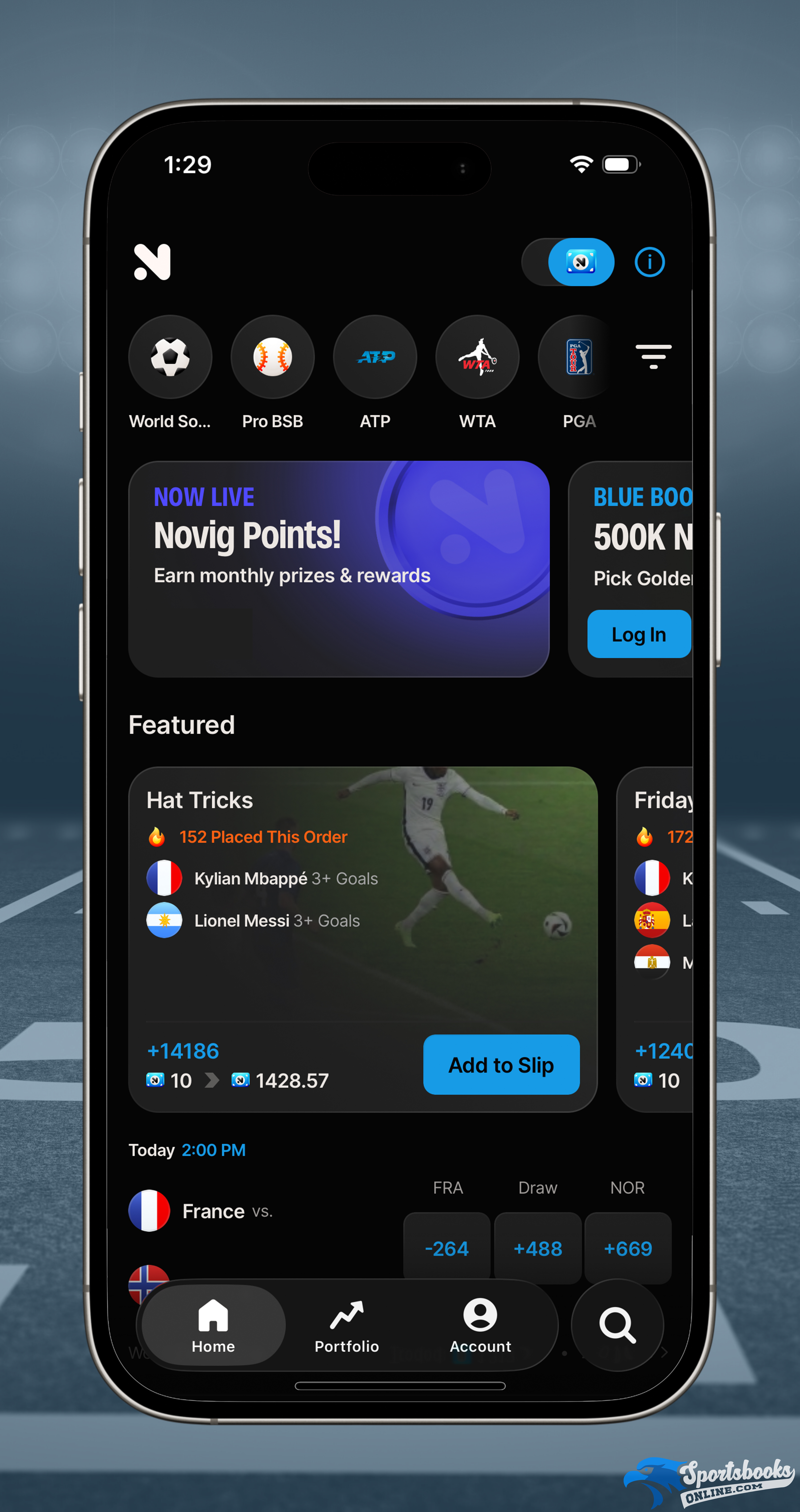 Novig mobile app homepage