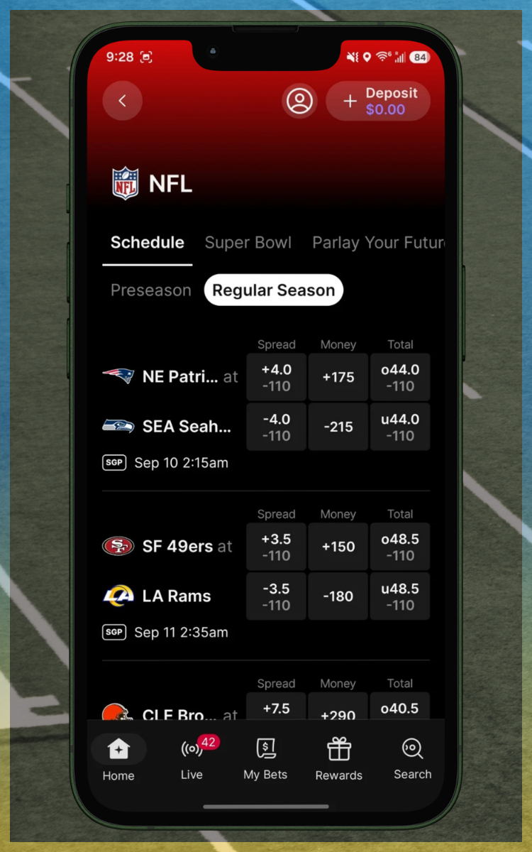 Fanatics Sportsbook NFL Betting Menu