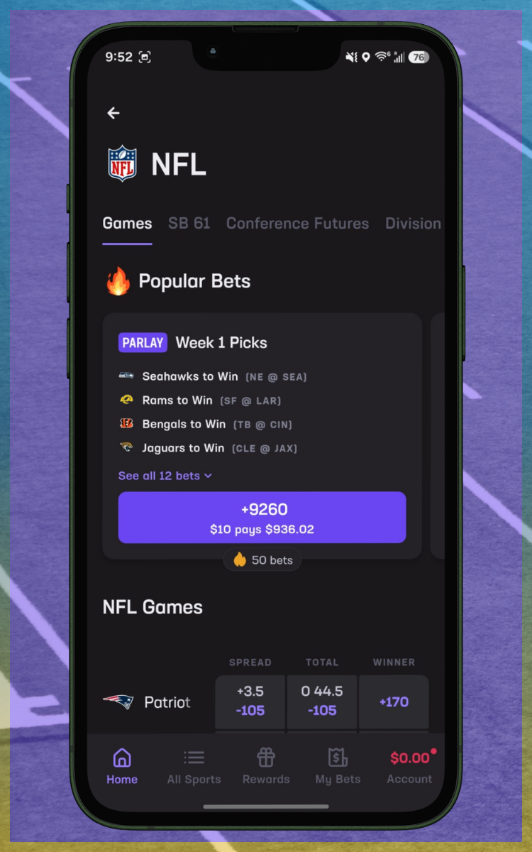 Hard Rock Bet NFL Betting Menu