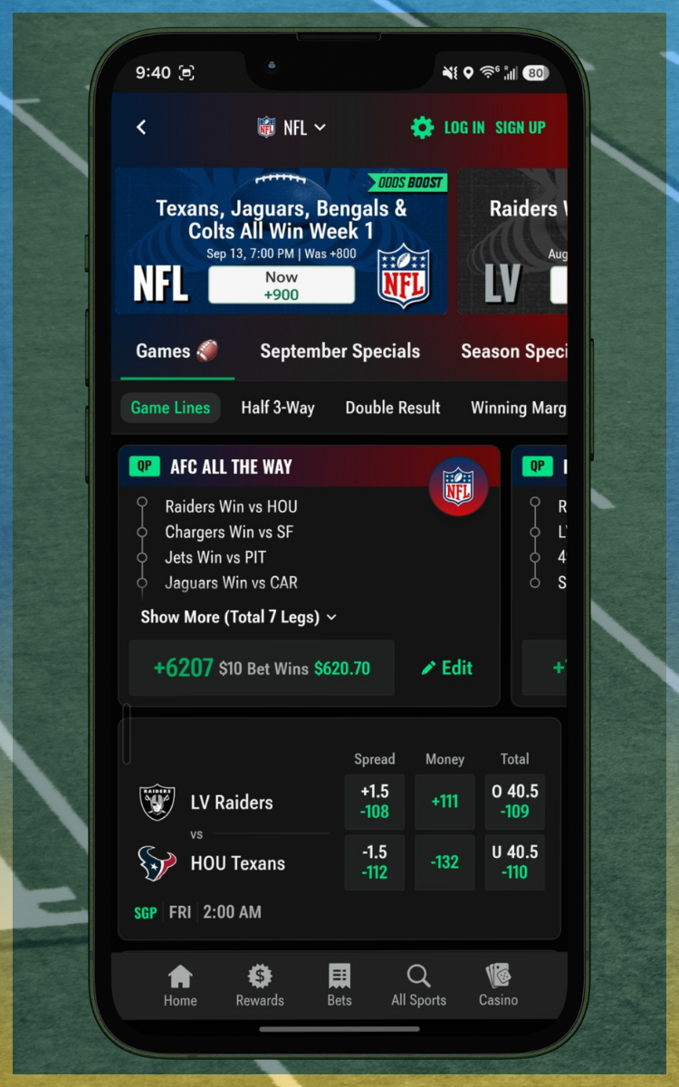Caesars Sportsbook NFL Betting Menu