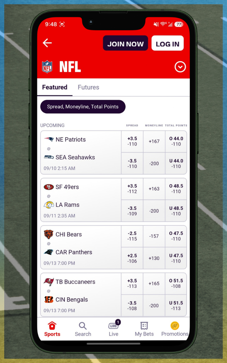 Bally Bet NFL Betting Menu