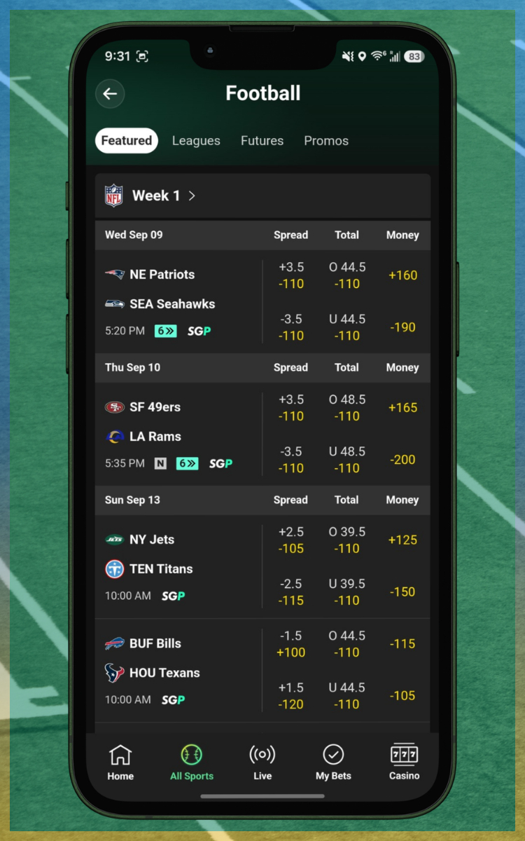 Bet365 NFL Betting Menu (odds accurate at time of publishing)