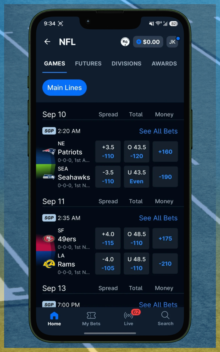 theScore Bet NFL Betting Menu