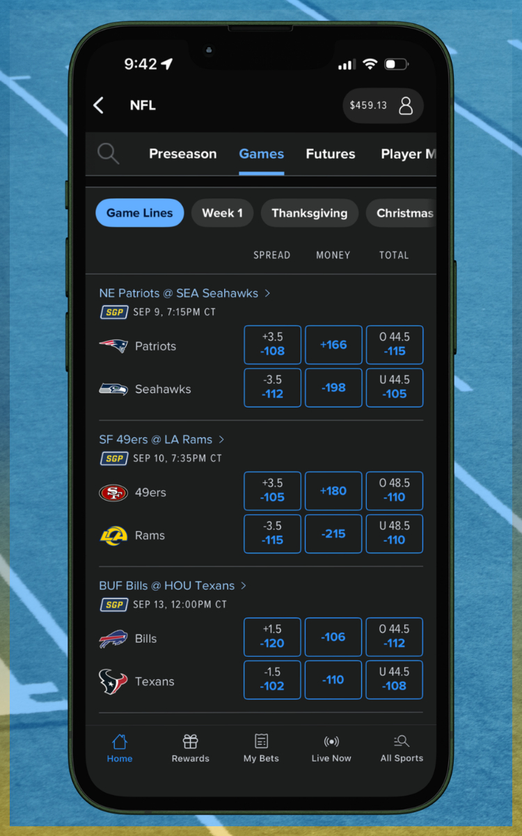 FanDuel Sportsbook NFL Betting Menu