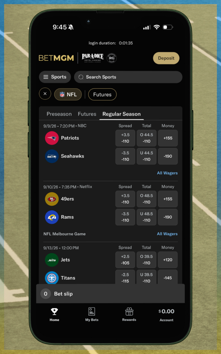 BetMGM NFL Betting Menu