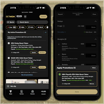 Snapshot of odds boosts on the Bet MGM app
