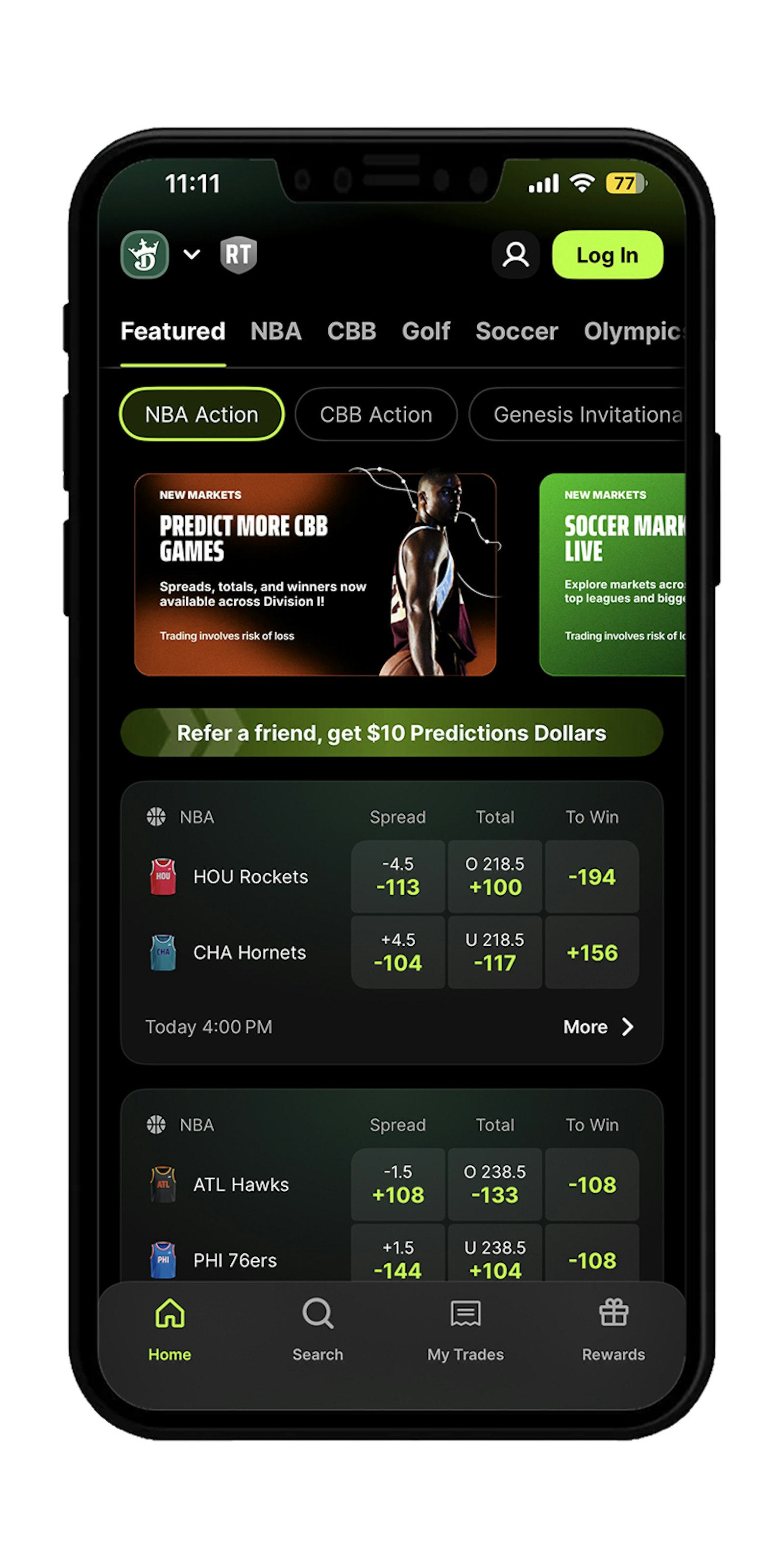 Sports markets on the DraftKings Predictions app