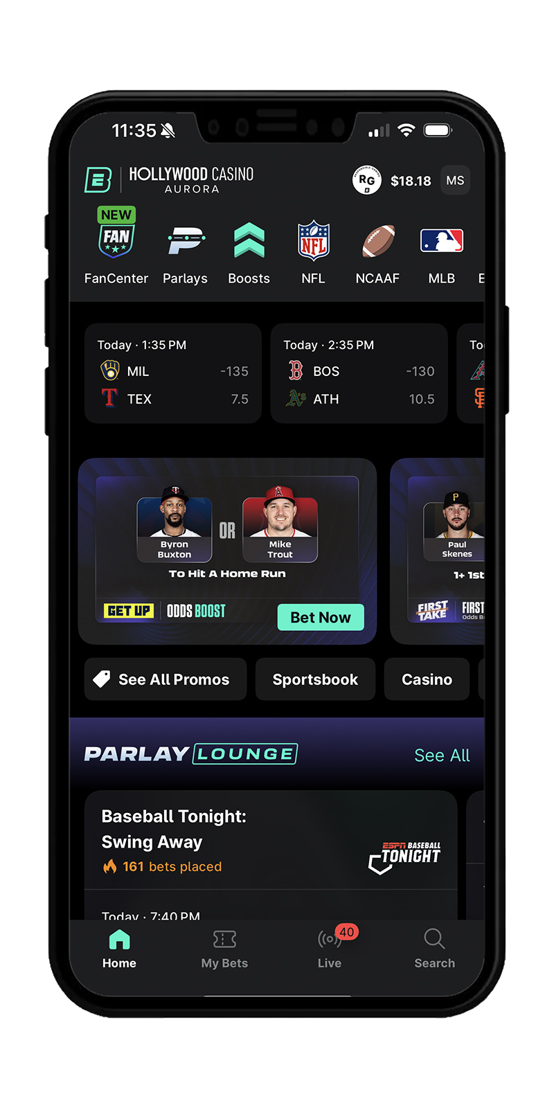 The ESPN BET mobile app homepage