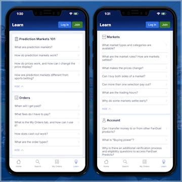 The Learn tab on the Fan Duel Predicts app