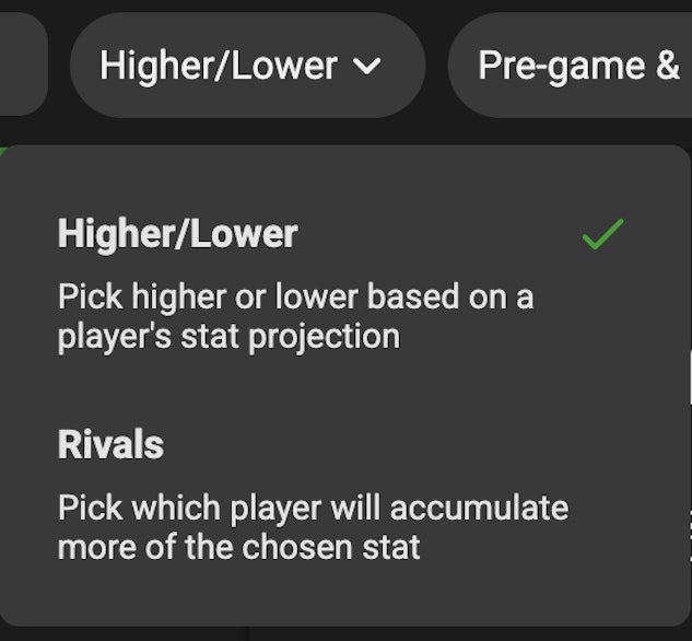 Toggle between Higher Lower and Rivals on Underdog