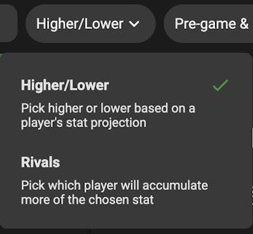 Toggle between Higher Lower and Rivals on Underdog