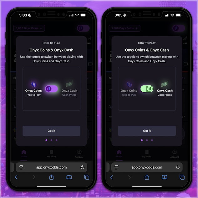 Toggle between coin modes on Onyx Odds