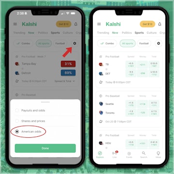 Toggle probabilities to sportsbook odds on Kalshi