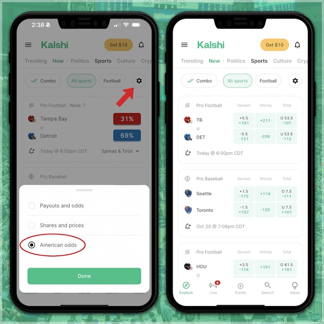 Toggle probabilities to sportsbook odds on Kalshi