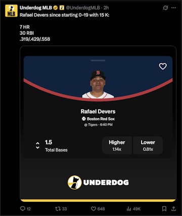 Underdog Fantasy MLB Tweet