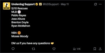 Underdog Fantasy support on Twitter X