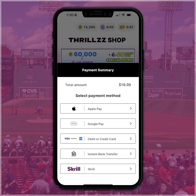 Variety of payment options on Thrillzz