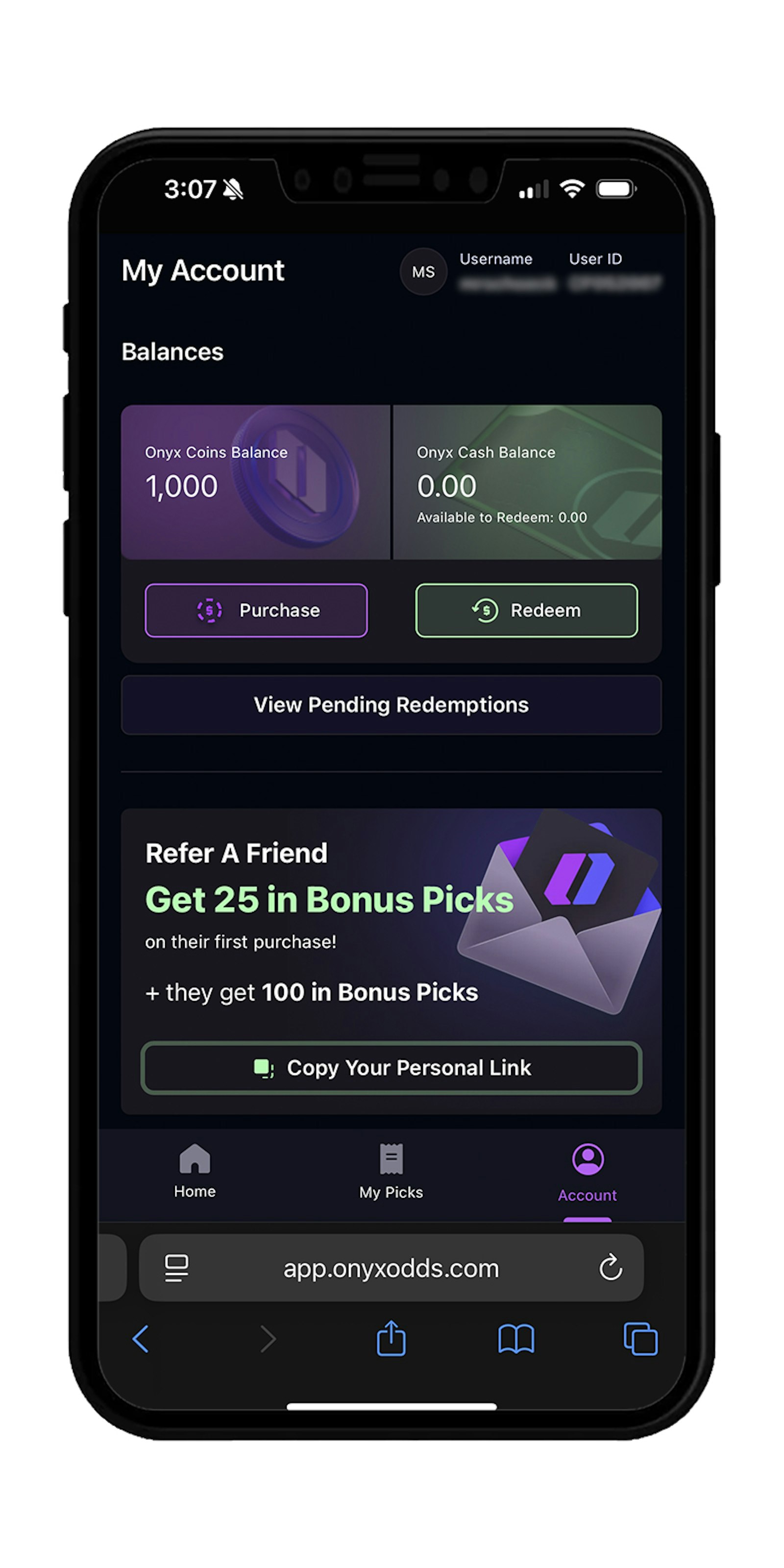 View your account on Onyx Odds