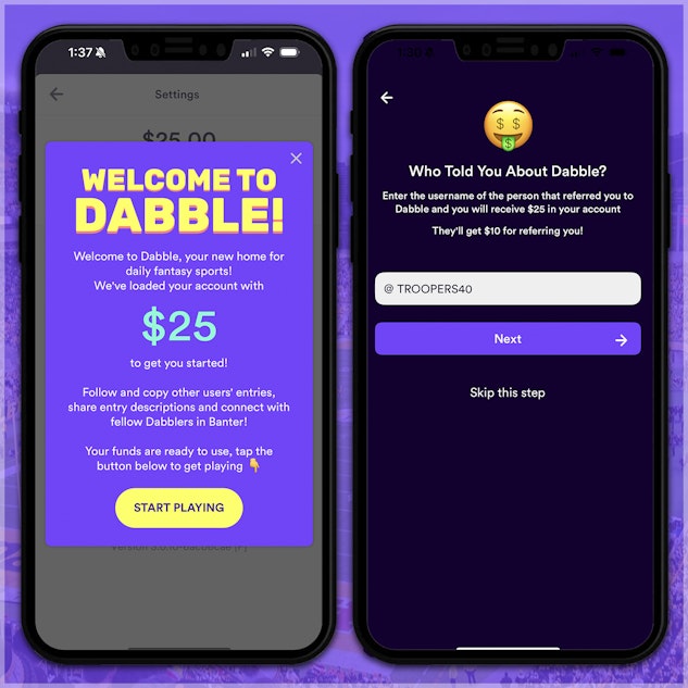 Welcome bonus and referrals on Dabble